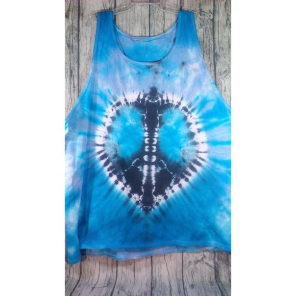 Handmade Tops - Handmade Tie Dye Cotton Tank Top Plus 4XL Blue Purple Peace and Love